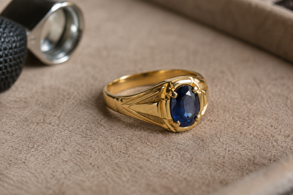 Anel de formatura em ouro com pedra azul sobre tecido de avaliação de joias